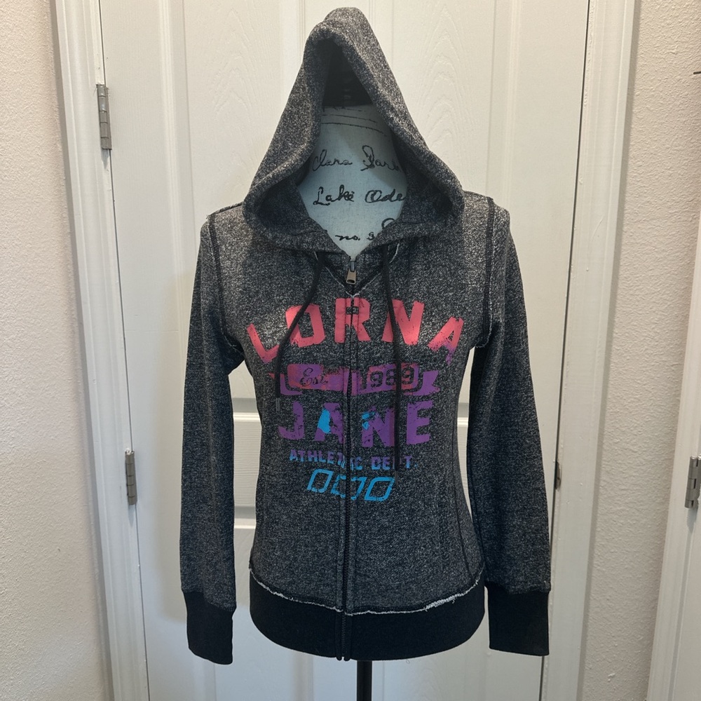 Lorna Jane Women's Gray Zip-Up Hoodie with Pink & Purple Logo